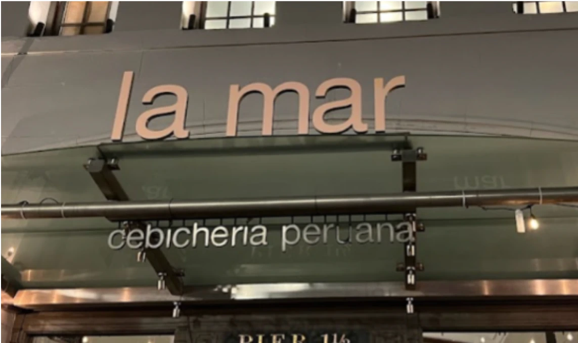 Restaurant exterior with warm lighting